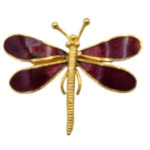 Dragonfly Brooch Pin Goldtone Metal With Burgundy Red Enamel Wings 1.5" x 2.25"